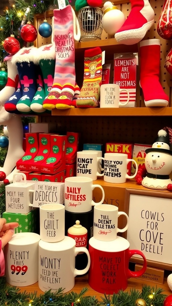 A collection of unique Christmas gifts including novelty socks, funny mugs, and whimsical decor on a festive background.